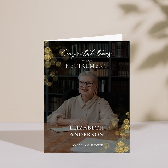 Carte De Remerciements Photo personnalisée Gold Confetti Employé de retra (Custom Photo Gold Confetti Retirement Employee Thank You Card)