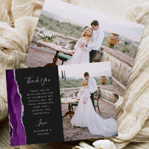 Carte De Remerciements Photo Purple Agate Argent Dark Script Mariage
