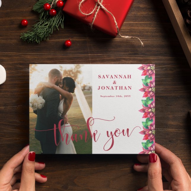 Carte De Remerciements Photo Red Poinsettia Mariage de vacances (Créateur téléchargé)
