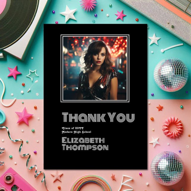 Carte De Remerciements Photo Retro Disco Graduation (Retro Disco Graduation Photo Thank You Card)