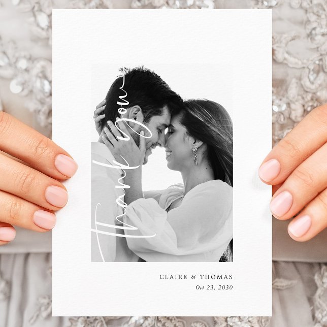 Carte De Remerciements Photo romantique moderne | Mariage de script simpl (Modern Romantic Photo _ Simple Script Wedding Thank You Card)
