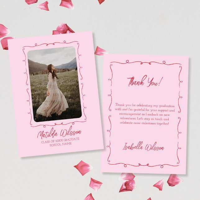 Carte De Remerciements Photo rose et rouge 2024 tirée à la main (Hand Drawn Chic Pink & Red Photo 2024 Graduation Thank You Card)
