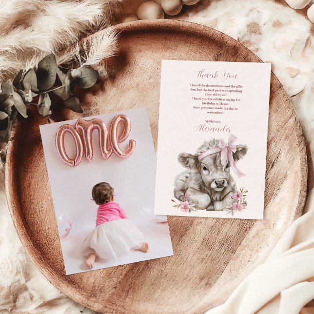 Carte De Remerciements Photo Rose Girl Floral Highland Cow 1er anniversai (Créateur téléchargé)