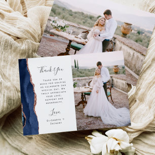 Carte De Remerciements Photo Rose Gold Agate Bleu Marine Écriture Mariage