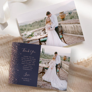 Carte De Remerciements Photo Rose  noir or Parties scintillant Mariage de