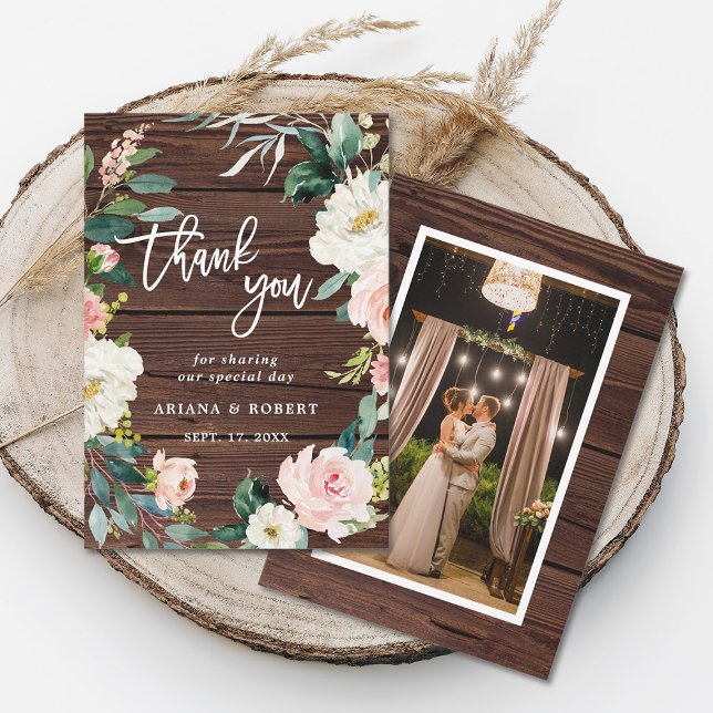 Carte de remerciements photo Rustic Wood Floral (Front & Back)