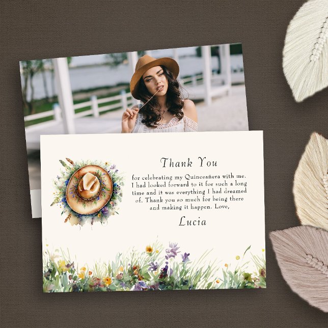 Carte De Remerciements Photo Rustique Floral Fleur sauvage Cowgirl (Photo Thank You Card from my Wildflower Cowgirl Hat Quinceanera Collection
)