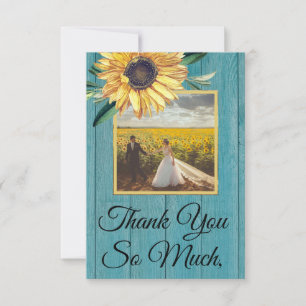 Carte De Remerciements Photo rustique tournesol jaune ciel bleu bois de g