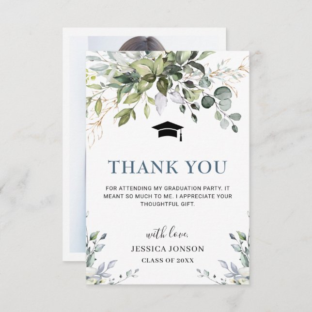 Carte De Remerciements PHOTO Simple Elégant Eucalyptus Foliage Graduation (Devant / Derrière)