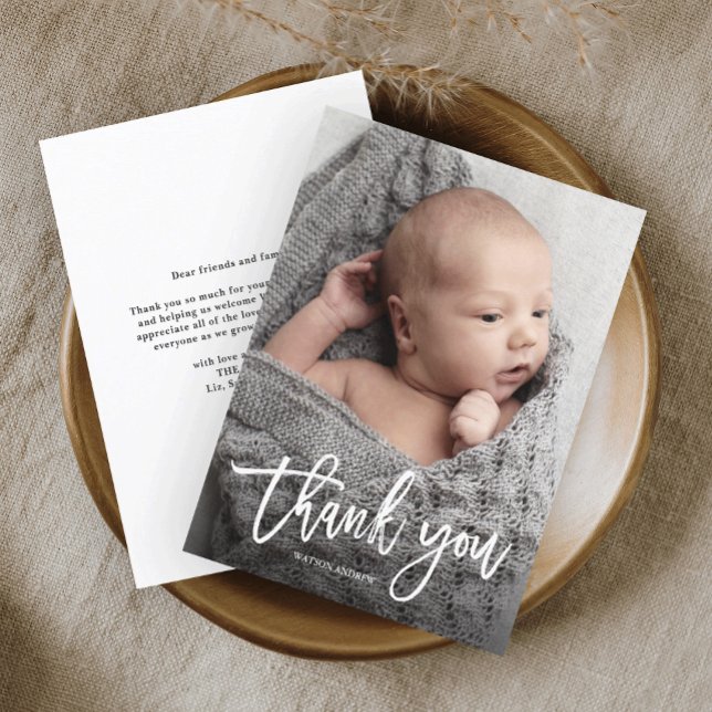 Carte De Remerciements Photo simple manuscrite pour bébé (Simple baby photo thank you card with modern handwritten script calligraphy thank you.)
