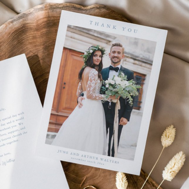 Carte De Remerciements Photo simple Mariage (Simple dusty blue wedding photo thank you card.)