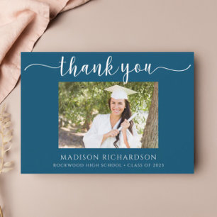 Carte De Remerciements Photo simple Marine Bleue & Blanc Graduation