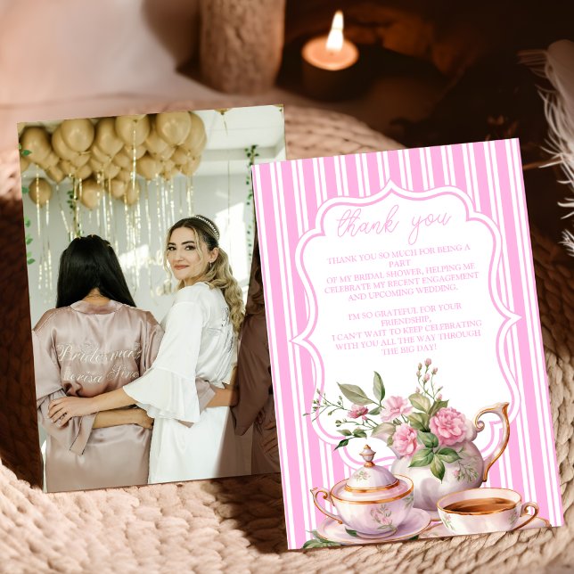 Carte De Remerciements Photo Soft Pink Floral Tea Fête des mariées (Créateur téléchargé)