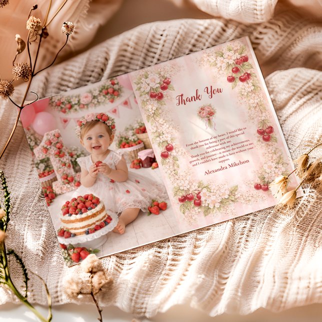 Carte De Remerciements Photo Sweet Cherry Floral First Birthday 1st Birth (Créateur téléchargé)