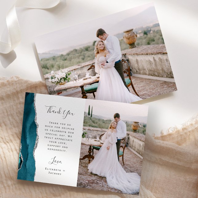 Carte De Remerciements Photo Teal Blue Agate Silver Script Wedding (Créateur téléchargé)