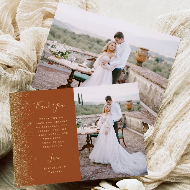 Carte De Remerciements Photo Terracotta Gold Glitter Script Wedding (Créateur téléchargé)