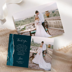 Carte De Remerciements Photo Turquoise Blue Agate Mariage de script Silve