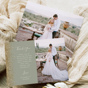 Carte De Remerciements Photo Vert Sauge Paillettes Or Écriture Mariage