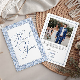 Carte De Remerciements Photo Vintage Toile De Jouy Bleu Floral Mariage