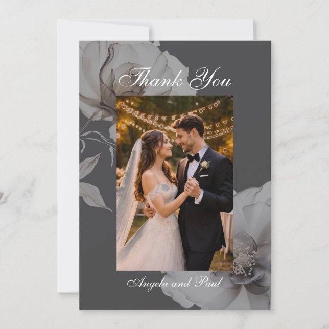 Carte De Remerciements Photo Wedding Flat Thank You Card Dark Grey Roses (Devant)
