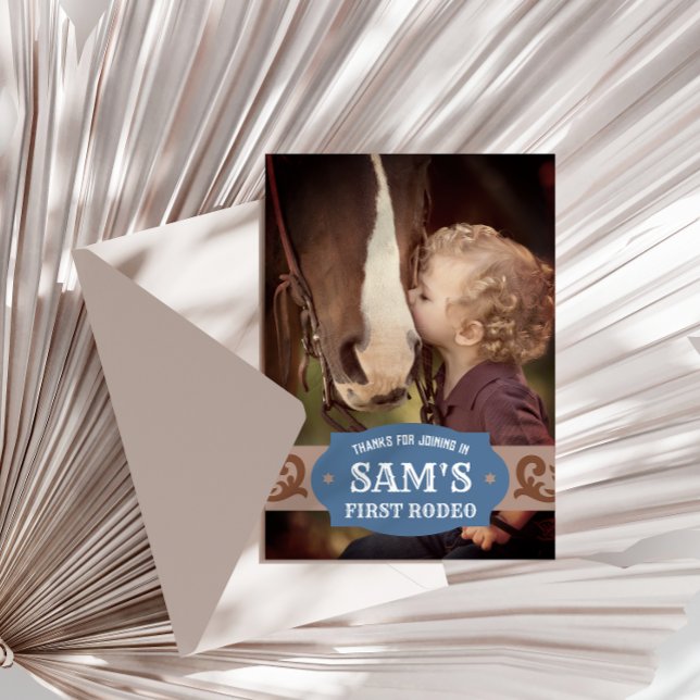 Carte De Remerciements Photo Western Bleu/Marron Kids FIrst Rodéo (Créateur téléchargé)