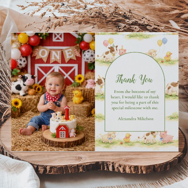 Carte De Remerciements Photo Whimsical Farm Animals Pastel 1st Birthday (Créateur téléchargé)