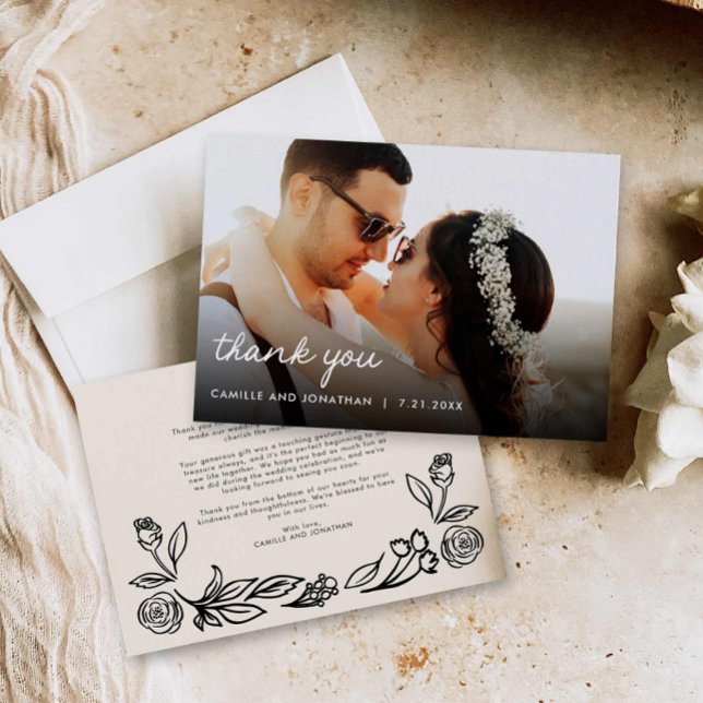 Carte de remerciements photo Whimsical Floral Mari (Hand Drawn Floral Photo Wedding thank you card)