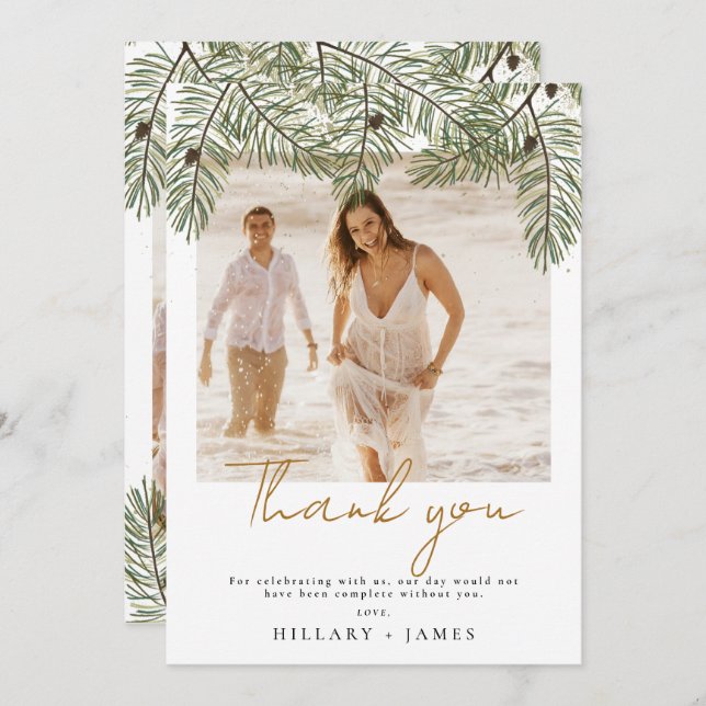 Carte de remerciements photo Whimsical Green Pine (Devant / Derrière)