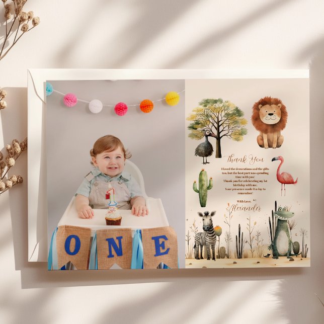 Carte De Remerciements Photo Wild One Jungle Safari Animaux Garçon 1er (Créateur téléchargé)