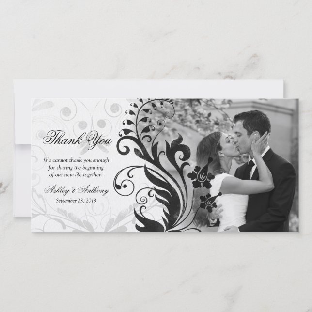Carte De Remerciements Photocard de Mariage Floral noir et blanc (Devant)