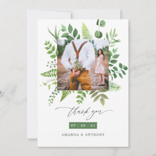 Carte De Remerciements Photographie de mariage avec verdure de forêt bois