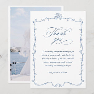 Carte De Remerciements Photographie de Mariage couleur bleu couleur orné 