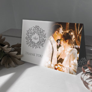 Carte De Remerciements Photos de mariage au monogramme avec feuilles de g