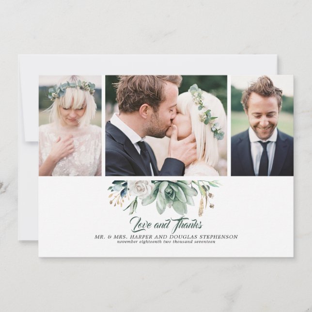 Carte De Remerciements Photos de mariage aux succulentes, verdure et rose (Devant)