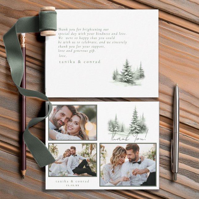 Carte De Remerciements Photos de mariage d'hiver rustique Forest Green ID (Créateur téléchargé)