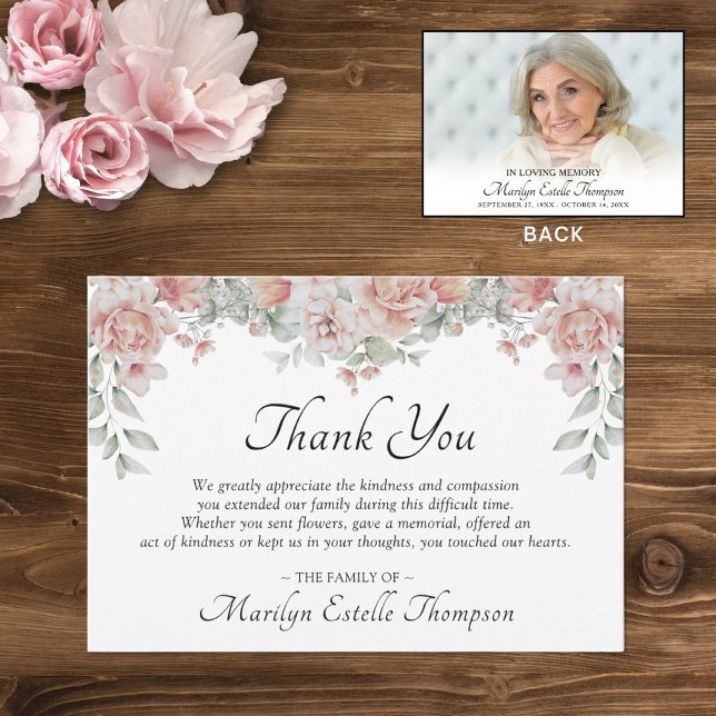 Carte De Remerciements Photos des funérailles rose florale (Créateur téléchargé)