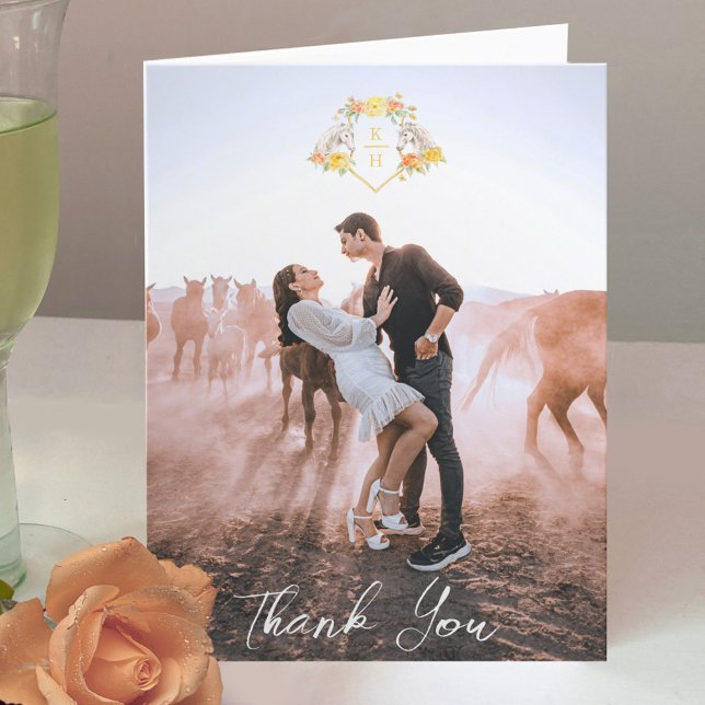 Carte De Remerciements Photos mariage de monogramme gris-jaune rose (Créateur téléchargé)