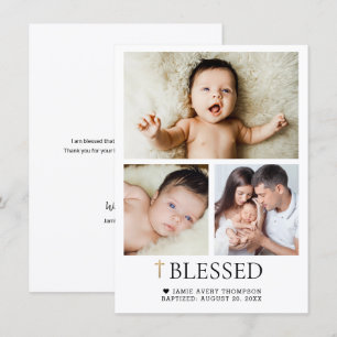 Carte De Remerciements Photos personnalisés de baptême de bébé Croix doré