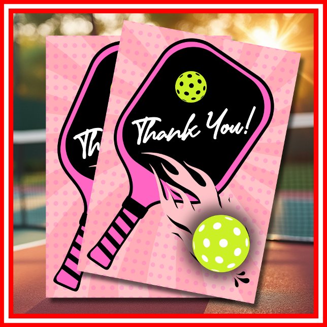 Carte De Remerciements Pickleball Anniversaire RETRO Stripes Sport rose (Pickleball Birthday RETRO Stripes Pink Sports Thank You Card)