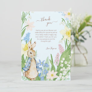 Carte De Remerciements Pierre le lapin Printemps fleurs Baby shower bleu