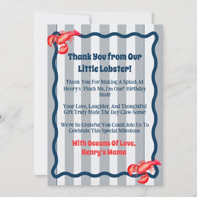 Carte De Remerciements Pinch Me, I'm One lobster 1st Birthday  (Devant)