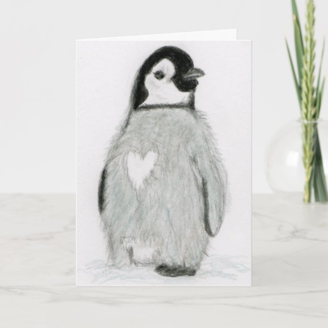 CARTE DE REMERCIEMENTS PINGOUIN AVEC UN COEUR !  SALUTATIONS TOUTES LES (Devant)