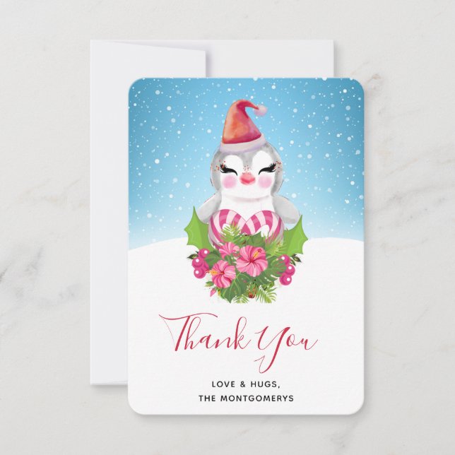 Carte De Remerciements Pingouin de Noël mignon à Santa Hat (Devant)
