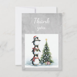 Carte De Remerciements Pingouins aquarelle décorant l'arbre de Noël