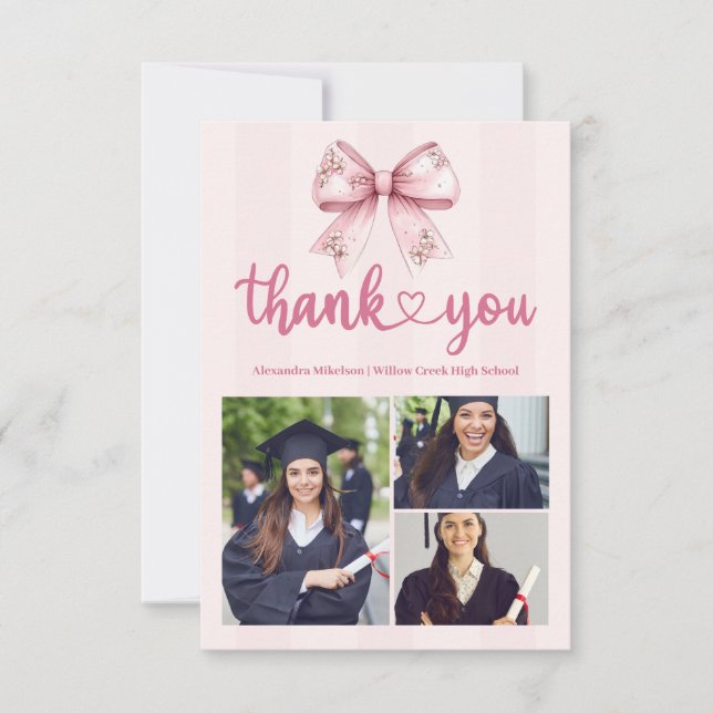 Carte De Remerciements Pink 3 Photos Blush Bow Graduation Party (Devant)