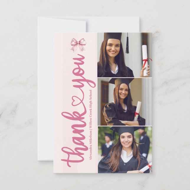 Carte De Remerciements Pink 3 Photos Blush Bow Graduation Party (Devant)