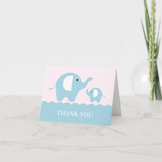 Carte De Remerciements Pink and Blue Mom and Baby Elephants (Devant)