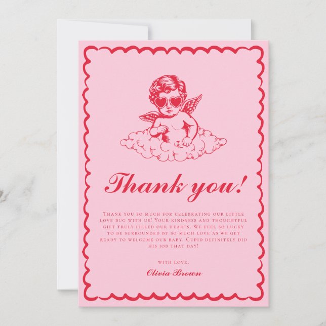 Carte De Remerciements Pink and Red Retro Cherub Baby Shower (Devant)