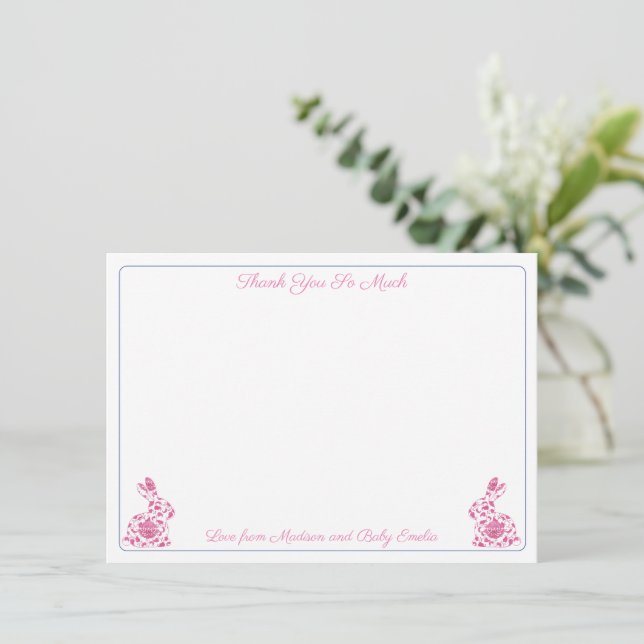 Carte De Remerciements Pink And White Chinoiserie Bunny Girl Baby Shower  (Debout devant)