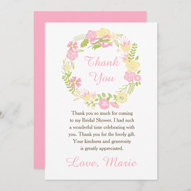 Carte De Remerciements Pink and Yellow Floral Wreath Bridal Shower (Devant / Derrière)